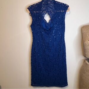 Blue Stretch Lace Sequin Sleeveless Sheath Dress -Double Keyhole
